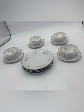 Vintage Starburst Porcelain Tea Set of 4 - White w/ Pink, Green, Blue Pastel